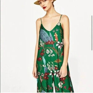 ZARA Green Floral Jumpsuit Satin Effect Tropical Vibes S